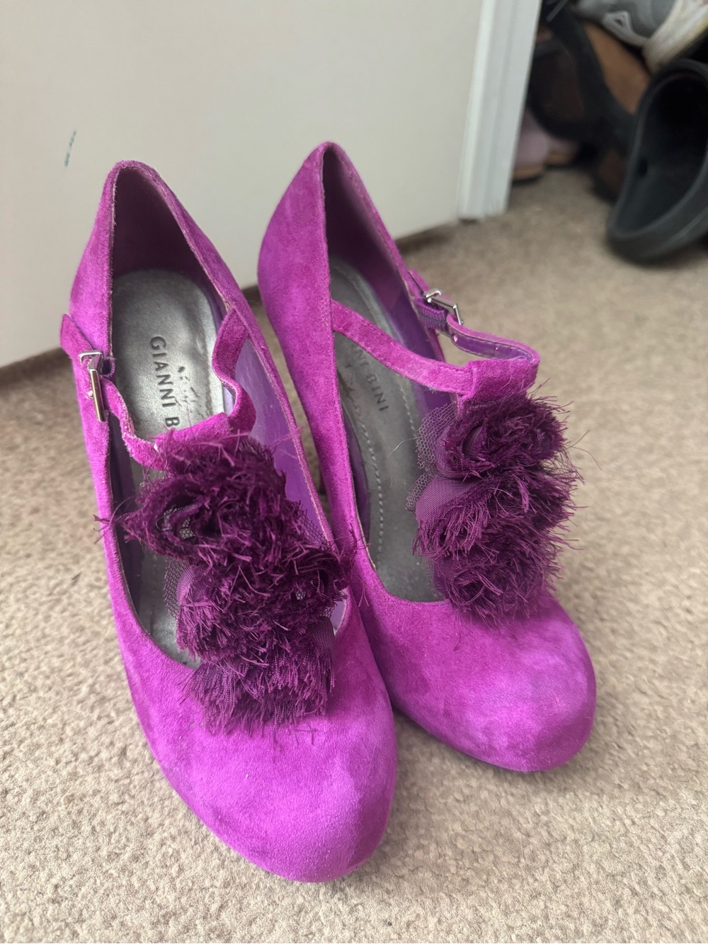 Gianni Bini Fuchsia Suede Pom-Pom Mary Jane Heels